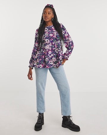 Black Floral Print Longline Long Sleeve Smock Blouse With Matching Scrunchie
