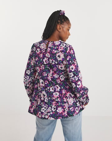 Black Floral Print Longline Long Sleeve Smock Blouse With Matching Scrunchie