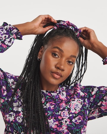 Black Floral Print Longline Long Sleeve Smock Blouse With Matching Scrunchie