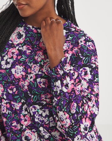 Black Floral Print Longline Long Sleeve Smock Blouse With Matching Scrunchie