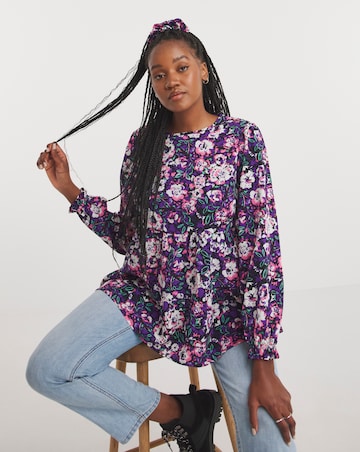 Black Floral Print Longline Long Sleeve Smock Blouse With Matching Scrunchie