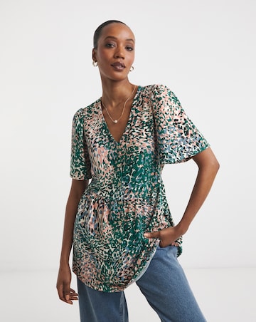 Angel Sleeve V Neck Button front Printed Longline Top