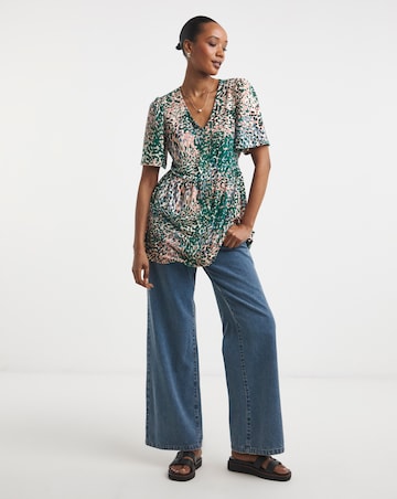 Angel Sleeve V Neck Button front Printed Longline Top