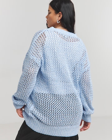 Blue Twist Open Knit V Neck Slouchy Longline Jumper