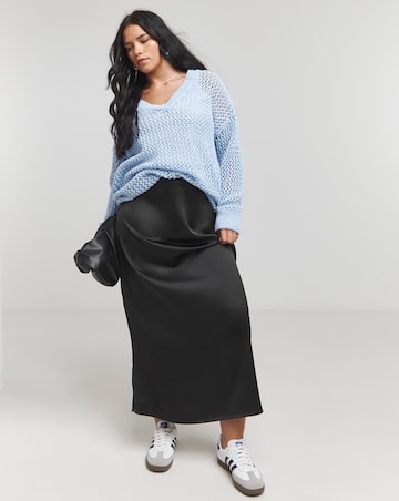 Blue Twist Open Knit V Neck Slouchy Longline Jumper