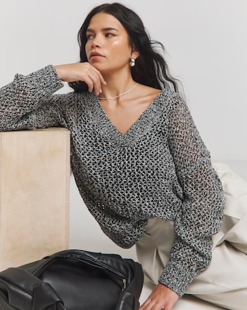 Grey Twist Open Knit V Neck Slouchy Longline Jumper