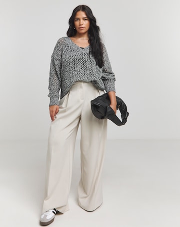 Grey Twist Open Knit V Neck Slouchy Longline Jumper