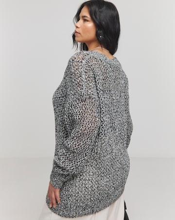 Grey Twist Open Knit V Neck Slouchy Longline Jumper