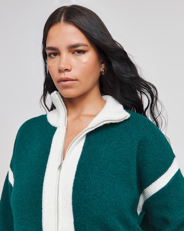 Green Colour Block Knitted Bomber Jacket