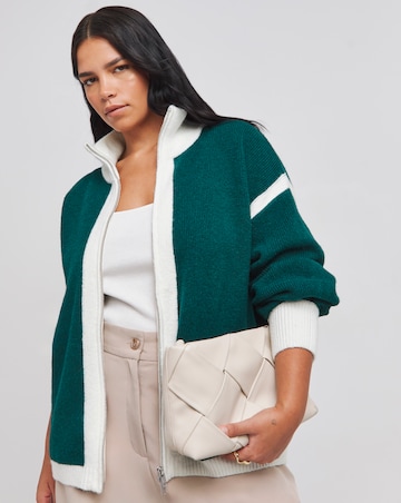 Green Colour Block Knitted Bomber Jacket