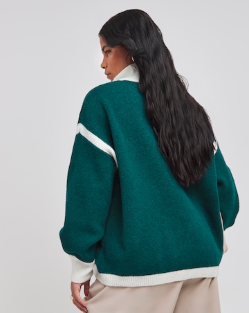Green Colour Block Knitted Bomber Jacket