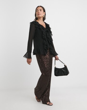 Womens Ruffle Romantic Long Sleeve Blouse - Black