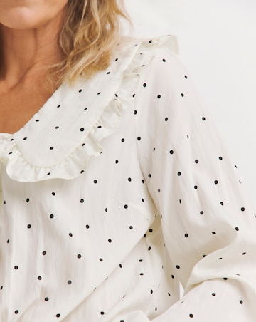 Womens Collar Detail Frill Button Through Blouse - Cream Spot