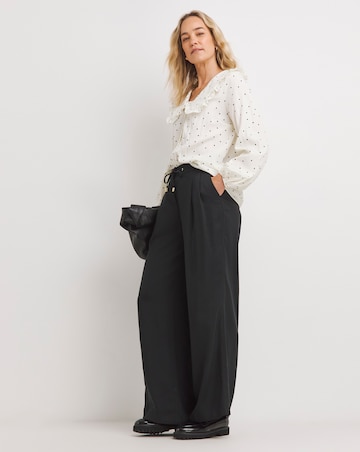 Womens Collar Detail Frill Button Through Blouse - Cream Spot