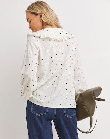 Womens Collar Detail Frill Button Through Blouse - Cream Spot