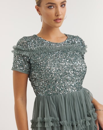 Maya Deluxe Puff Sleeve Delicate Sequin Ruffle Midi Dress