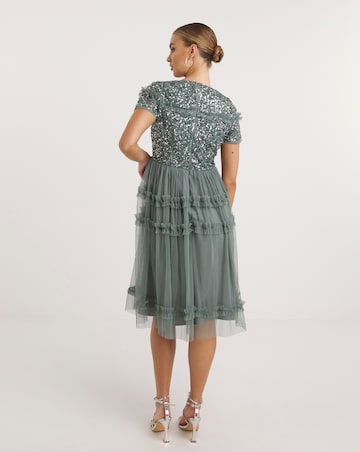 Maya Deluxe Puff Sleeve Delicate Sequin Ruffle Midi Dress