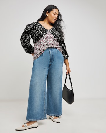 V-Neck Balloon Sleeve Mixed Print Top