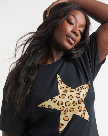 Simply Be Black Leopard Print Star Graphic T-Shirt