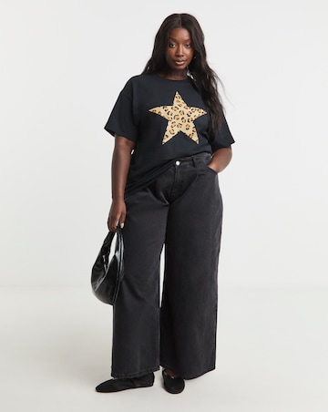 Simply Be Black Leopard Print Star Graphic T-Shirt