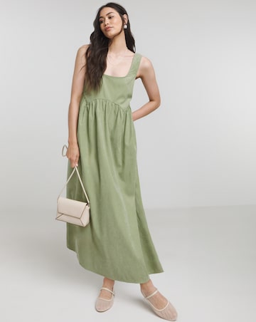Khaki Apron Midi Dress With Pockets
