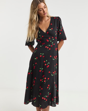 Cherry Print Spun Viscose Wrap Midi Dress