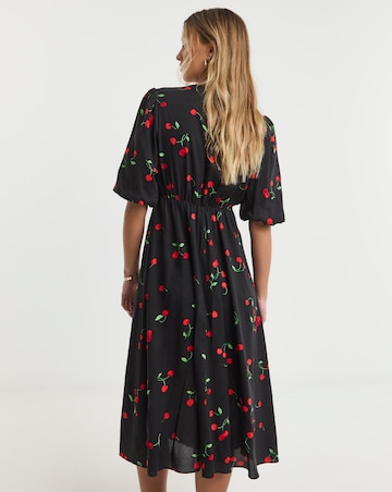 Cherry Print Spun Viscose Wrap Midi Dress