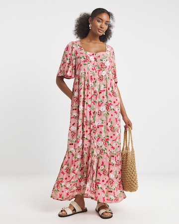 Simply Be Pink Print Crinkle Button Through Maxi Dress