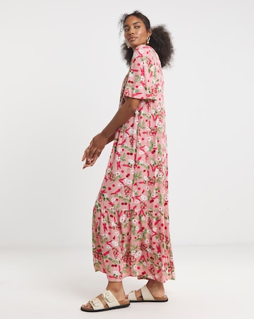 Simply Be Pink Print Crinkle Button Through Maxi Dress