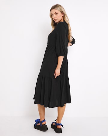 Black Jersey Dobby Tiered Midi Dress