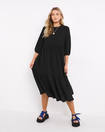 Black Jersey Dobby Tiered Midi Dress