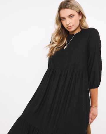 Black Jersey Dobby Tiered Midi Dress