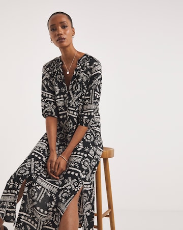 Kaftan Button Through Shirt Dress With Side Slits