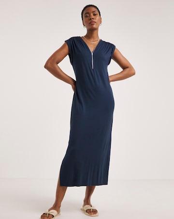Viscose Elastane Midi T-Shirt Dress With Zip V-Neck