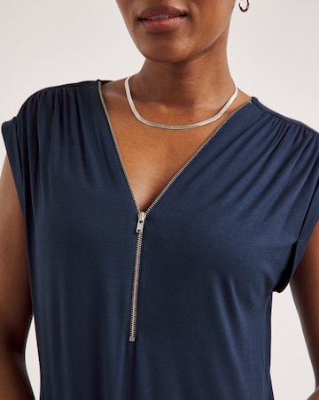 Viscose Elastane Midi T-Shirt Dress With Zip V-Neck