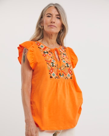 Embroidered Yolk Frill Sleeve Top