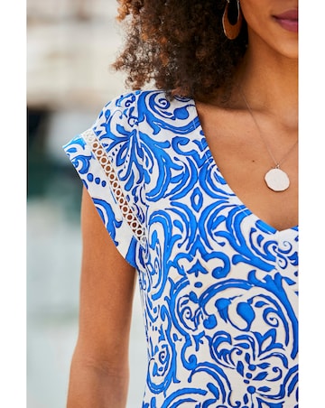 Sosandar Baroque Print Linen Ruffle Sleeve Trim Insert Shift Dress